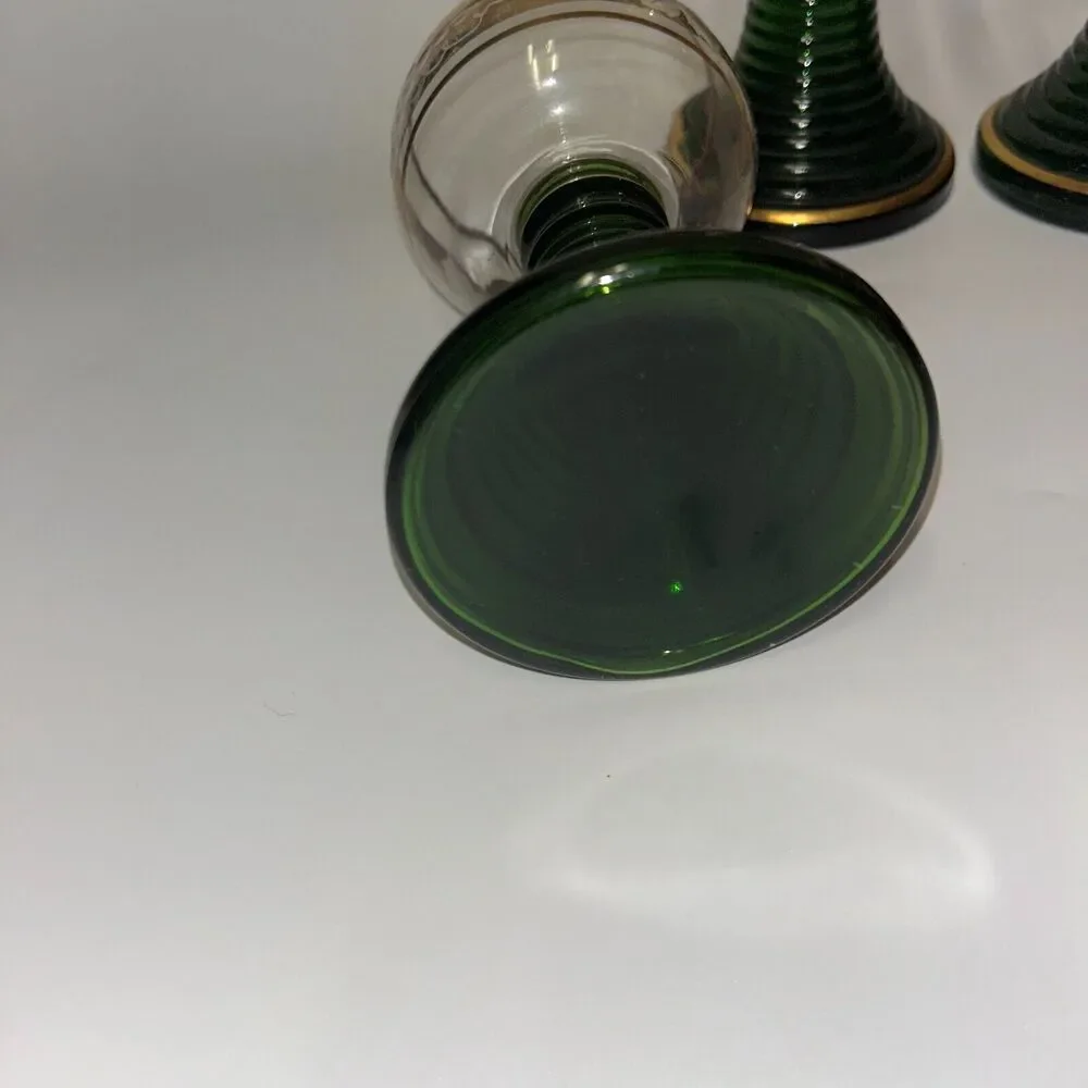 Set of 3 Green Glass Gold Trimmed Goblet Wine Glasses Textured Fruit